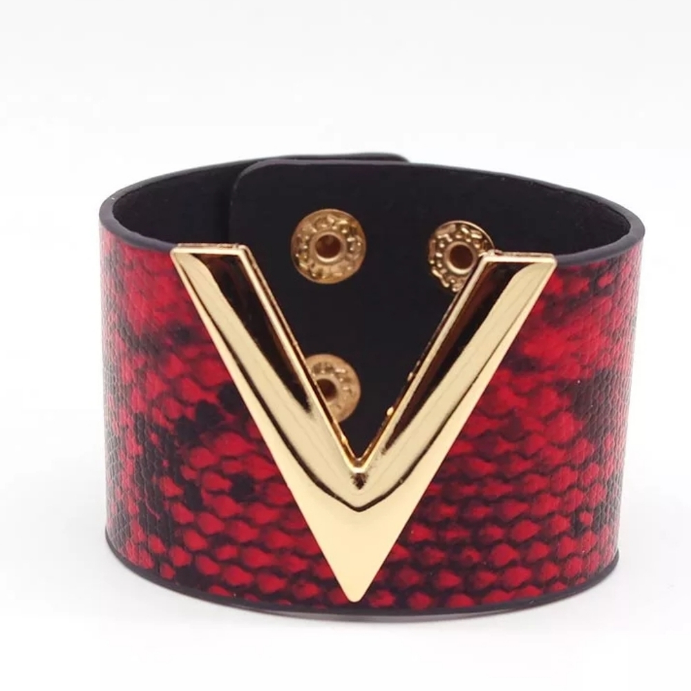 Vegan Leather Wide Cuff Bracelet V Snake Print